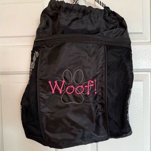 Thirty-One Black Cinch Sac Drawstring Backpack with Pink 'Woof!' Embroidery